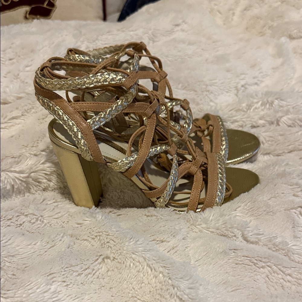 BCBGeneration Elegant Gold and Tan Strappy Heels
